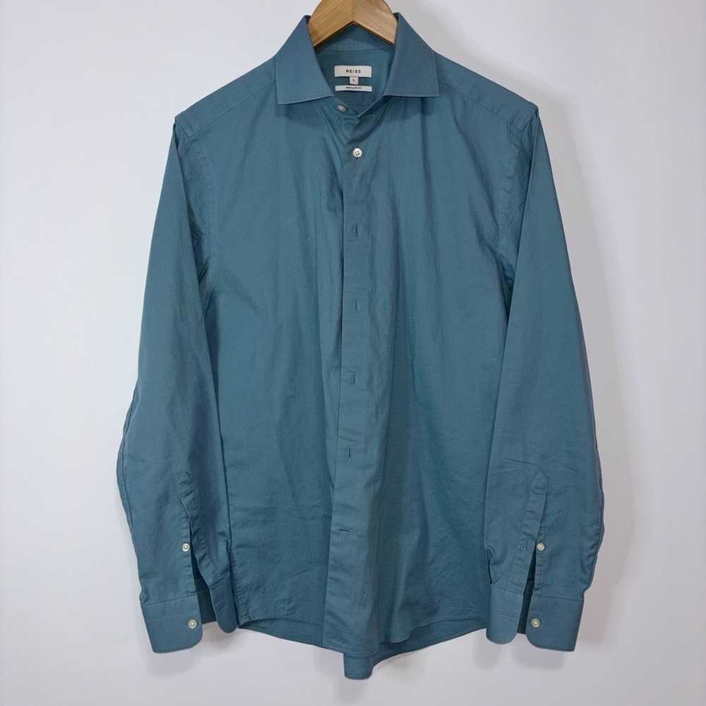 Reiss Jet Cotton Regular Fit Button Up Dress Shirt Teal Blue Men's Size L